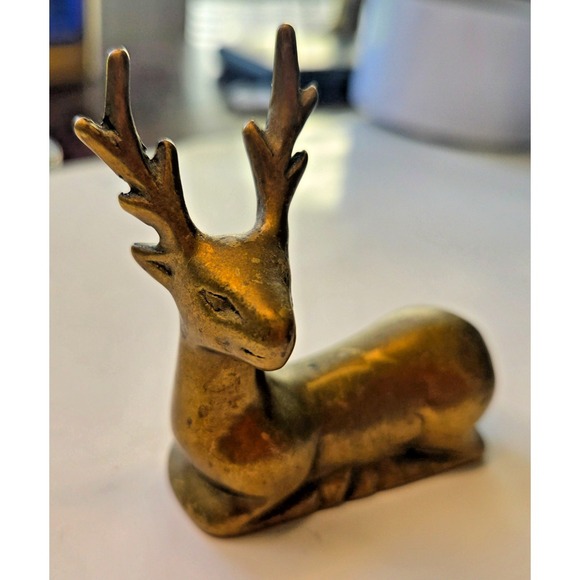 Other - Vintage Solid Brass Deer Reindeer Caribou Buck Laying Down 2 1/8" x 2.5"